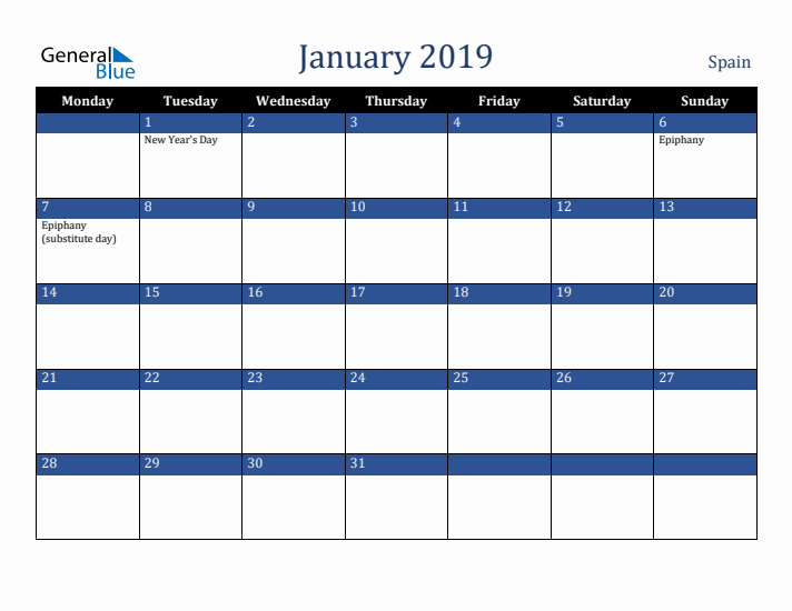 January 2019 Spain Calendar (Monday Start)