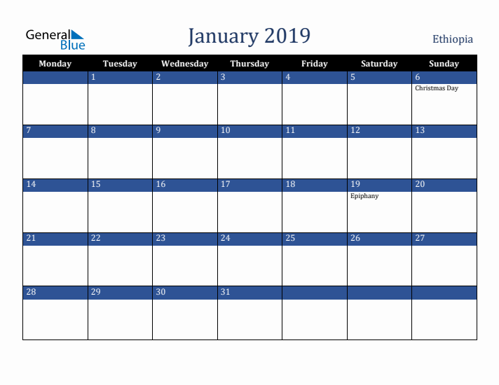 January 2019 Ethiopia Calendar (Monday Start)