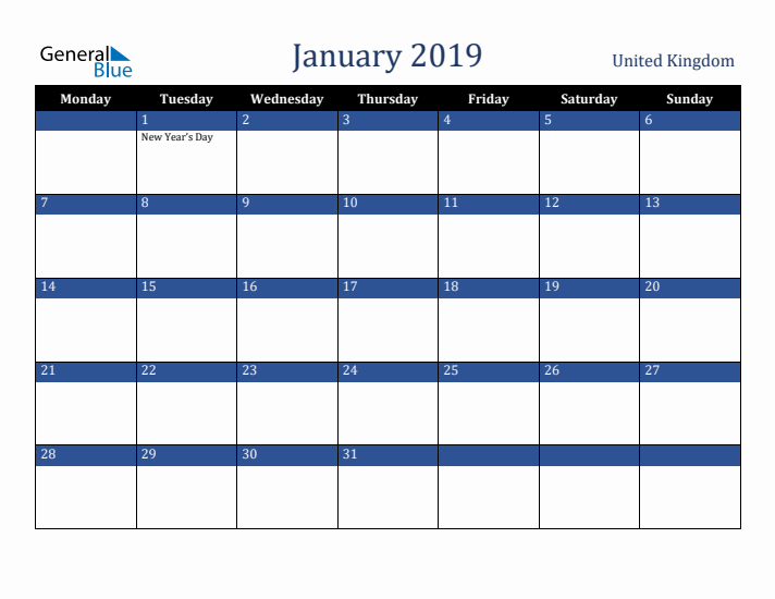 January 2019 United Kingdom Calendar (Monday Start)