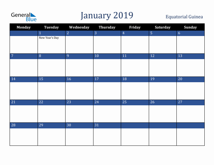 January 2019 Equatorial Guinea Calendar (Monday Start)