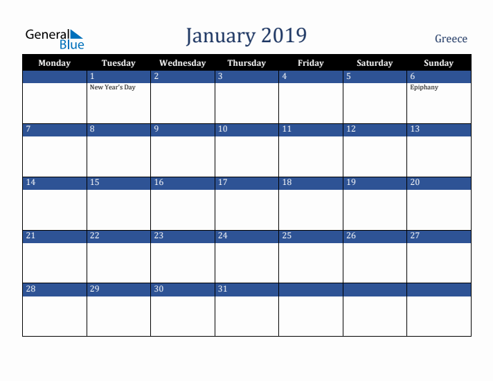 January 2019 Greece Calendar (Monday Start)
