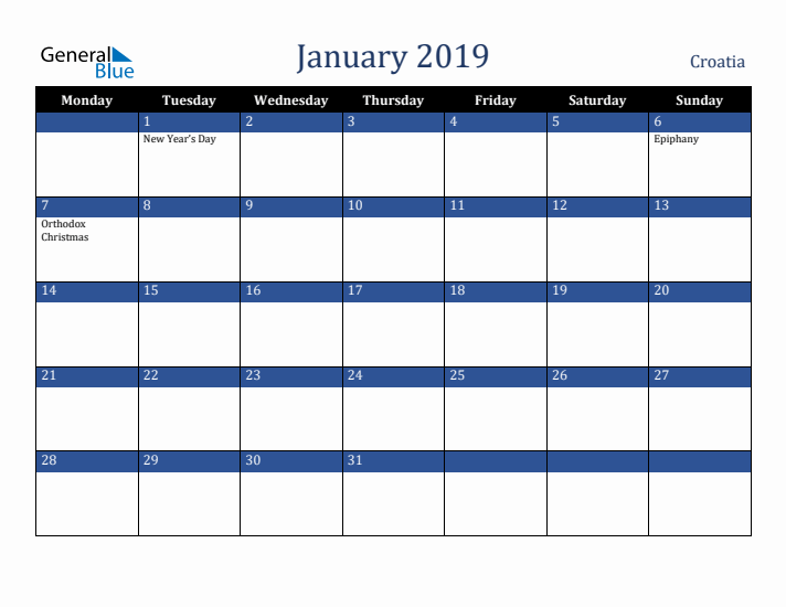 January 2019 Croatia Calendar (Monday Start)