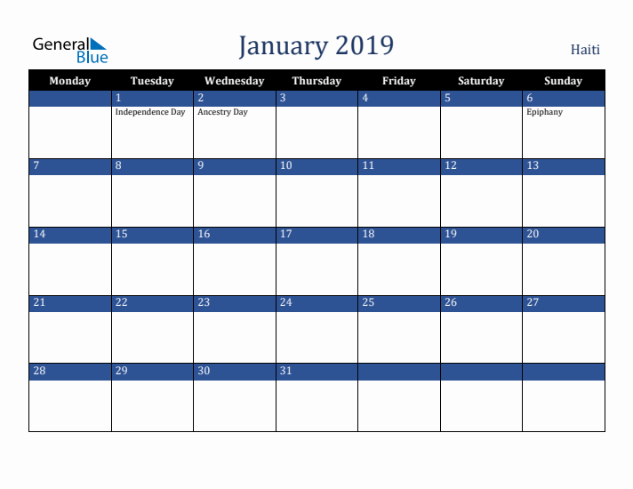 January 2019 Haiti Calendar (Monday Start)
