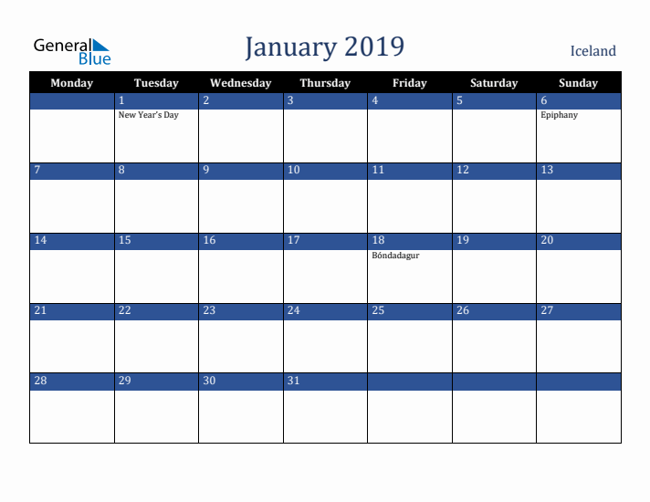 January 2019 Iceland Calendar (Monday Start)