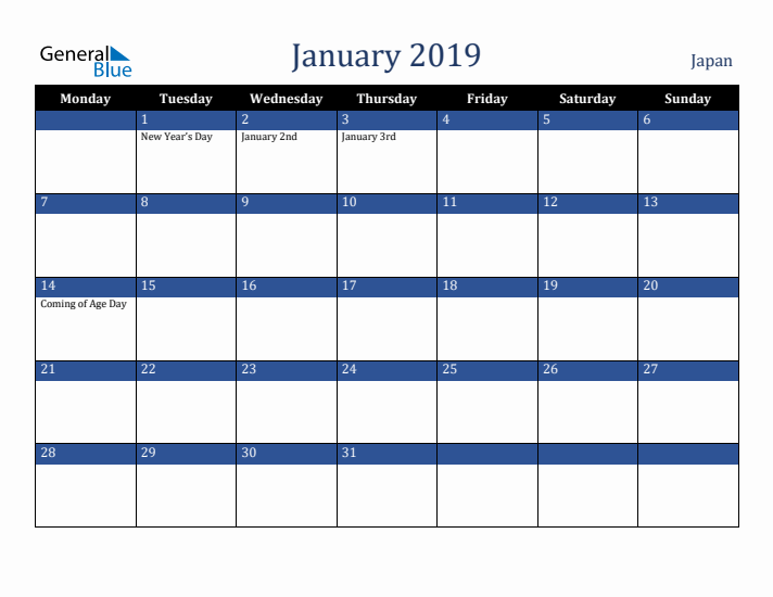 January 2019 Japan Calendar (Monday Start)