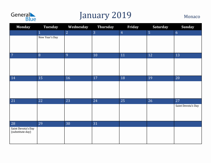 January 2019 Monaco Calendar (Monday Start)