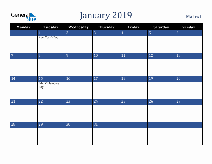 January 2019 Malawi Calendar (Monday Start)