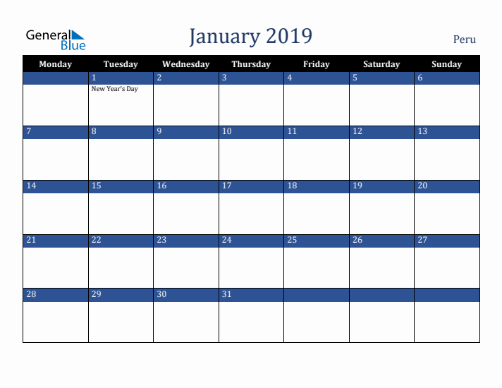 January 2019 Peru Calendar (Monday Start)