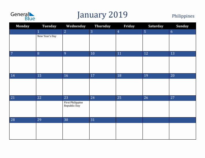 January 2019 Philippines Calendar (Monday Start)