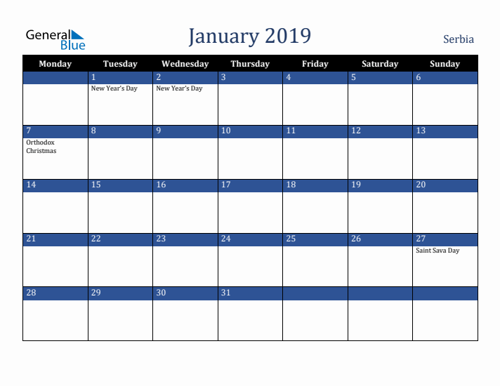 January 2019 Serbia Calendar (Monday Start)