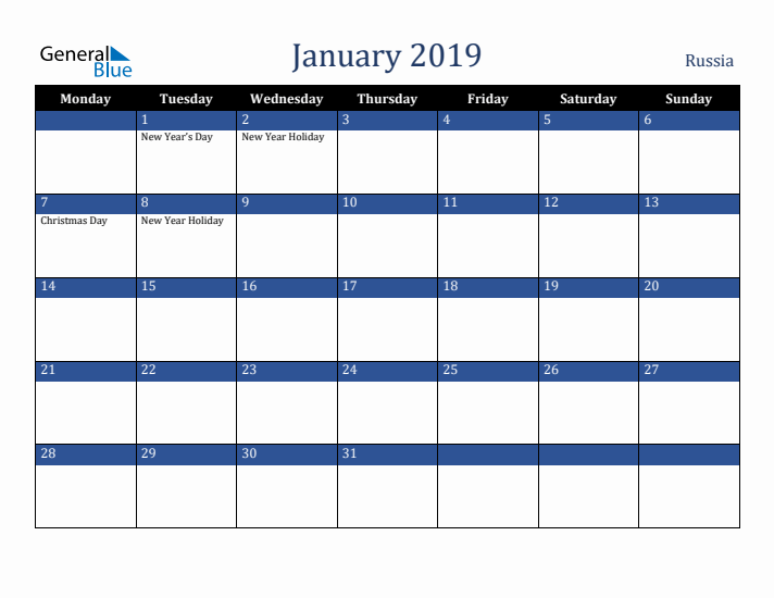 January 2019 Russia Calendar (Monday Start)