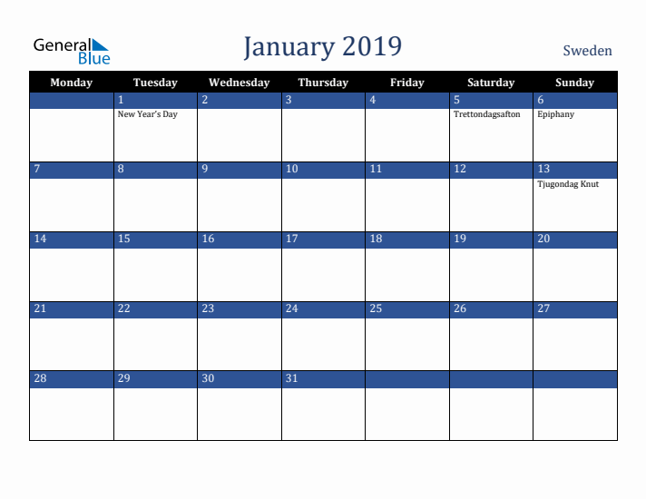 January 2019 Sweden Calendar (Monday Start)