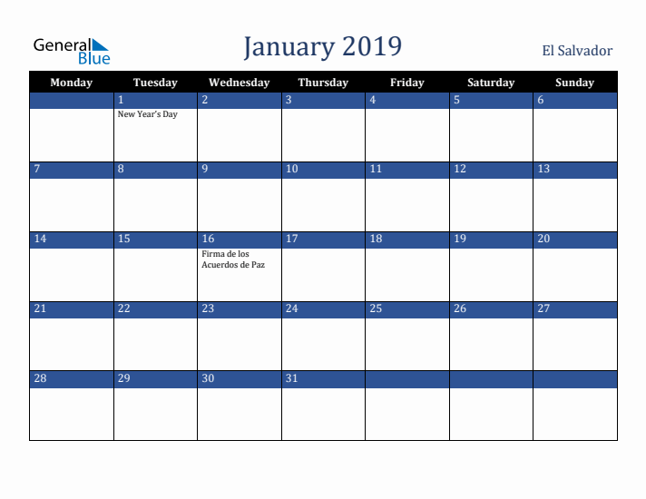 January 2019 El Salvador Calendar (Monday Start)