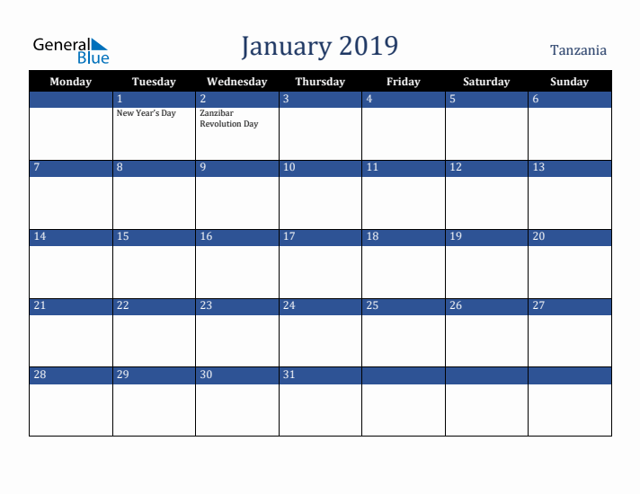 January 2019 Tanzania Calendar (Monday Start)