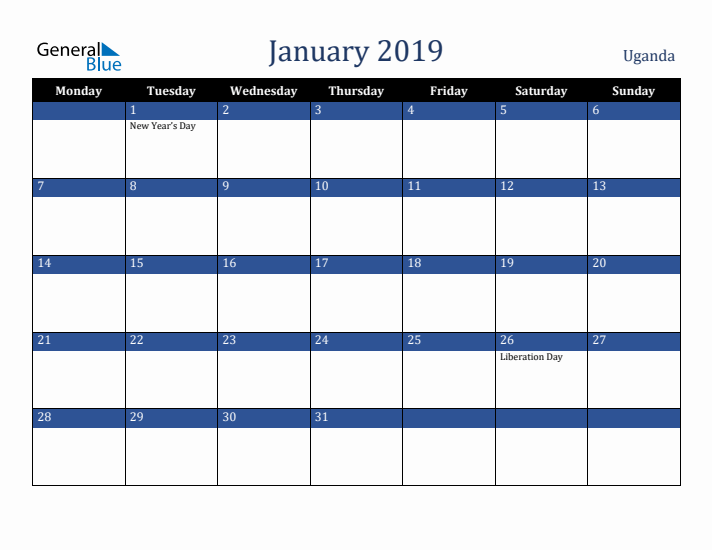 January 2019 Uganda Calendar (Monday Start)