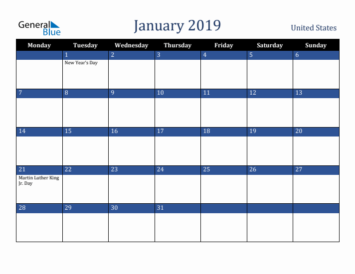 January 2019 United States Calendar (Monday Start)