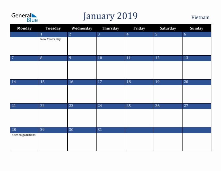 January 2019 Vietnam Calendar (Monday Start)
