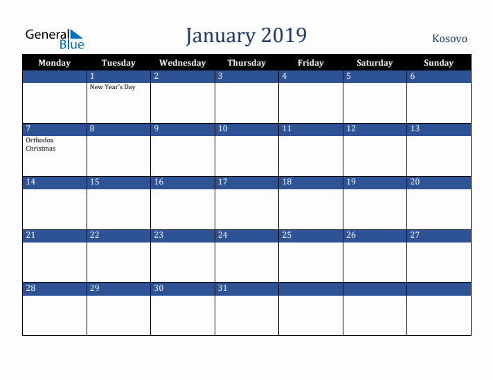 January 2019 Kosovo Calendar (Monday Start)