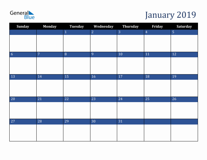 Sunday Start Calendar for January 2019