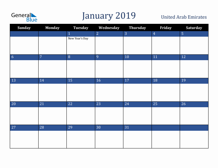 January 2019 United Arab Emirates Calendar (Sunday Start)