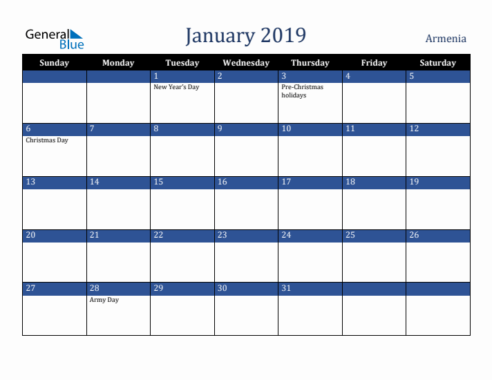 January 2019 Armenia Calendar (Sunday Start)