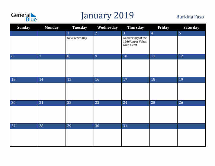 January 2019 Burkina Faso Calendar (Sunday Start)