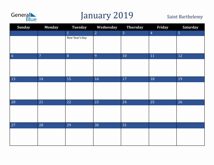 January 2019 Saint Barthelemy Calendar (Sunday Start)