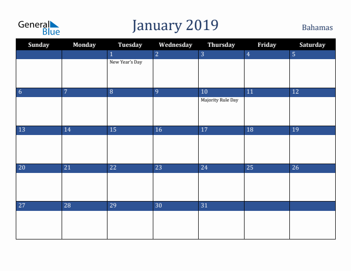 January 2019 Bahamas Calendar (Sunday Start)