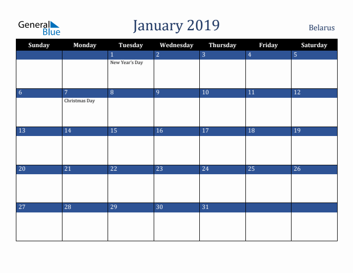 January 2019 Belarus Calendar (Sunday Start)