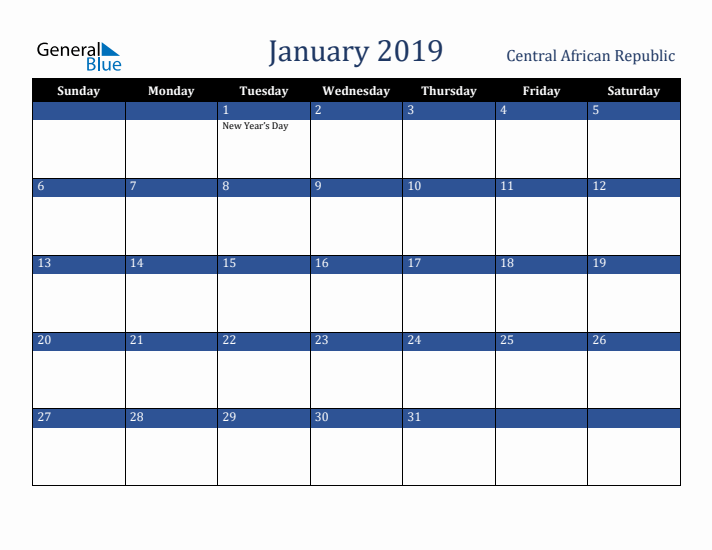 January 2019 Central African Republic Calendar (Sunday Start)