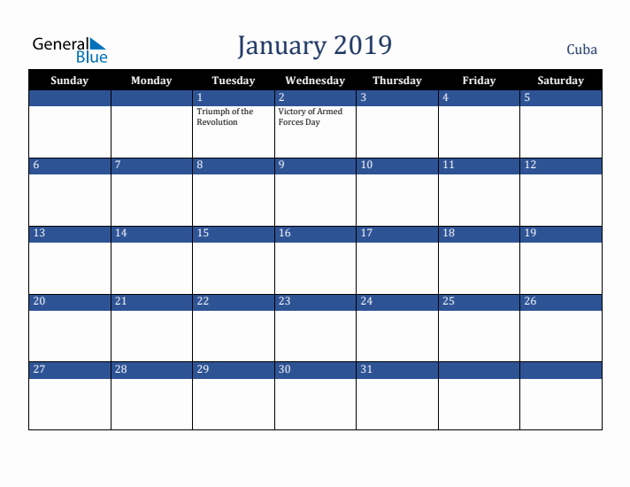 January 2019 Cuba Calendar (Sunday Start)