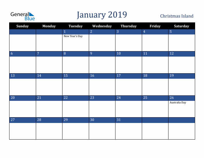 January 2019 Christmas Island Calendar (Sunday Start)