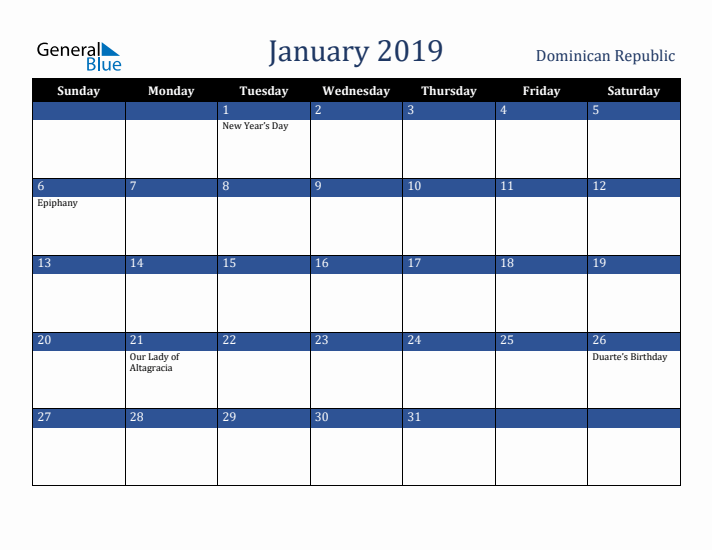 January 2019 Dominican Republic Calendar (Sunday Start)