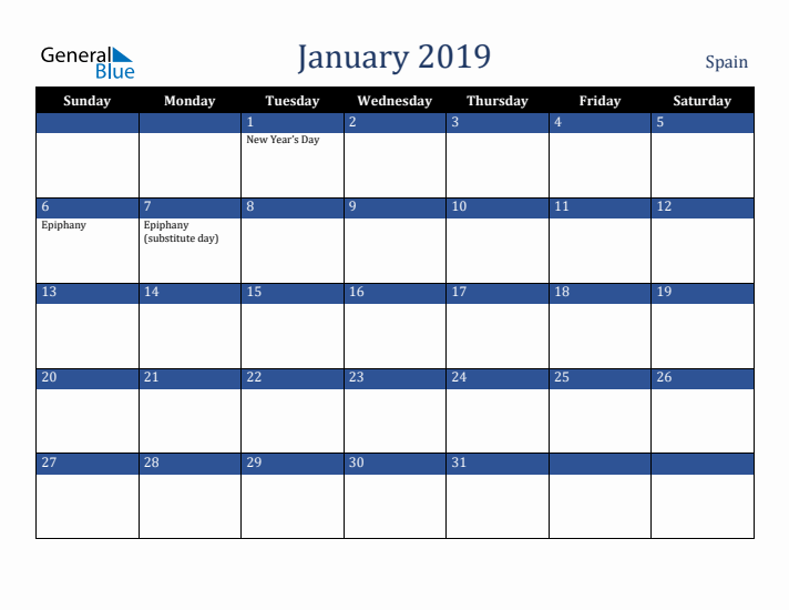 January 2019 Spain Calendar (Sunday Start)