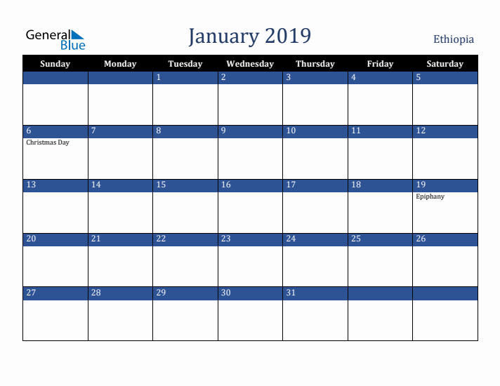 January 2019 Ethiopia Calendar (Sunday Start)