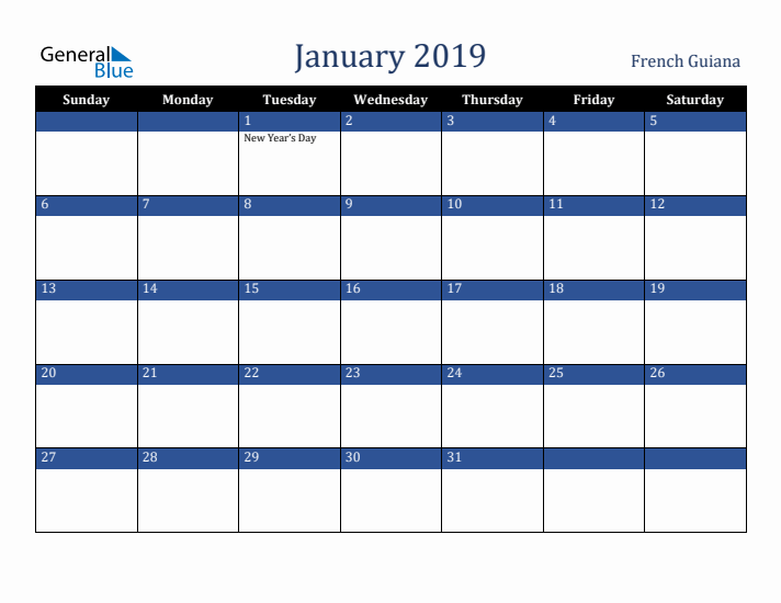 January 2019 French Guiana Calendar (Sunday Start)