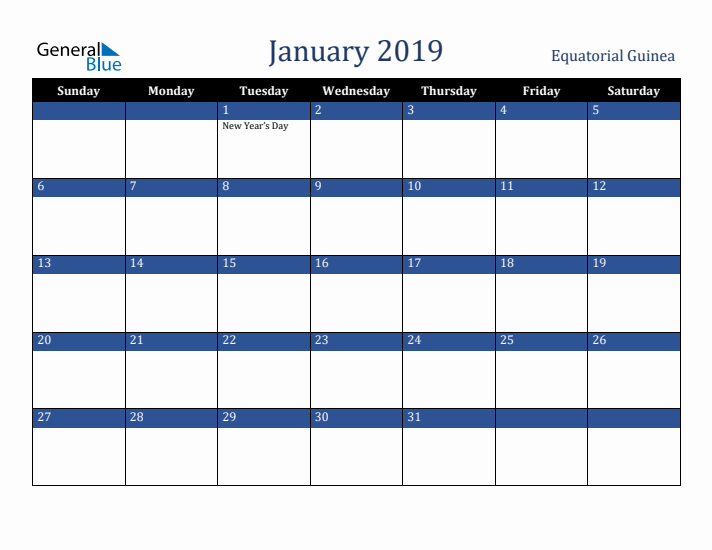 January 2019 Equatorial Guinea Calendar (Sunday Start)
