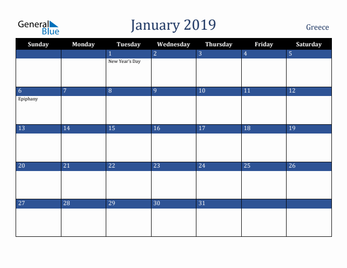 January 2019 Greece Calendar (Sunday Start)