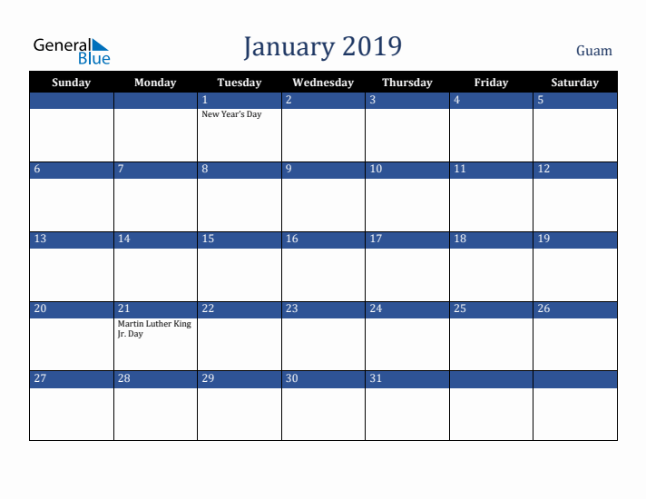 January 2019 Guam Calendar (Sunday Start)