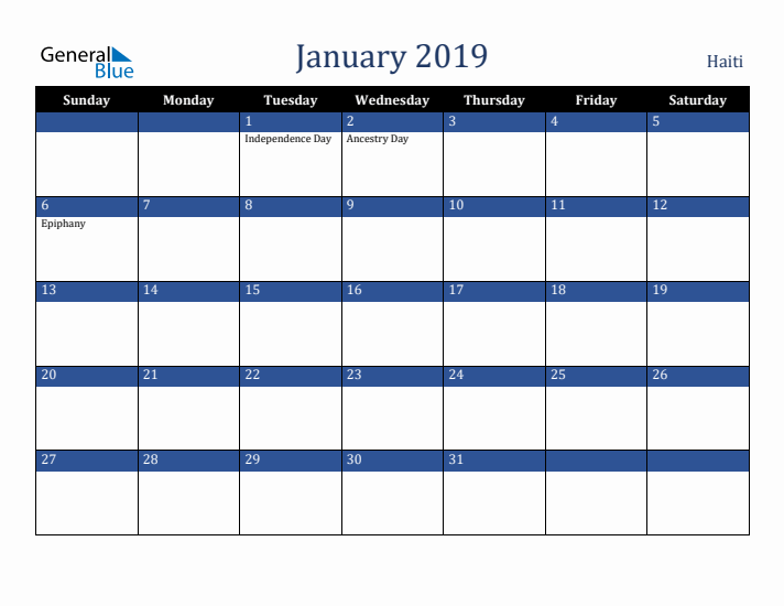January 2019 Haiti Calendar (Sunday Start)