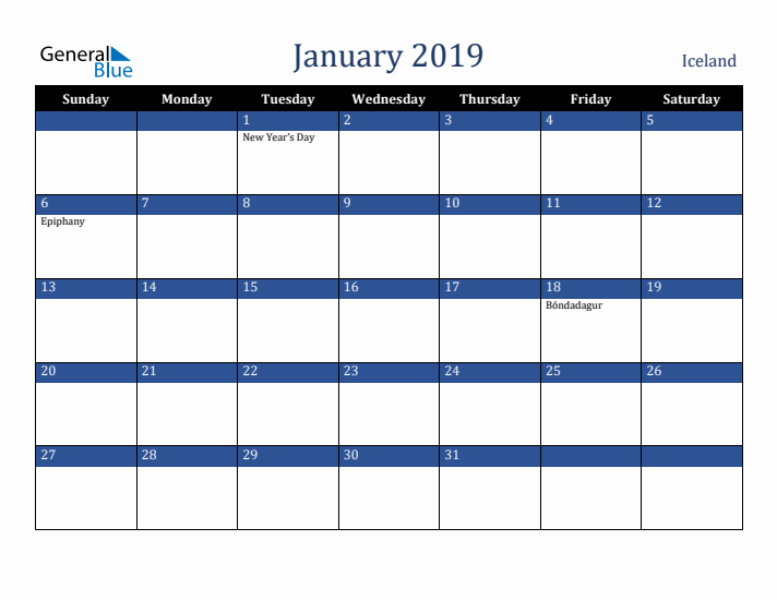 January 2019 Iceland Calendar (Sunday Start)