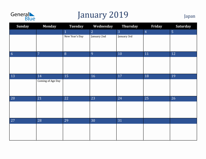 January 2019 Japan Calendar (Sunday Start)