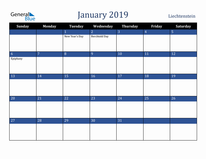 January 2019 Liechtenstein Calendar (Sunday Start)