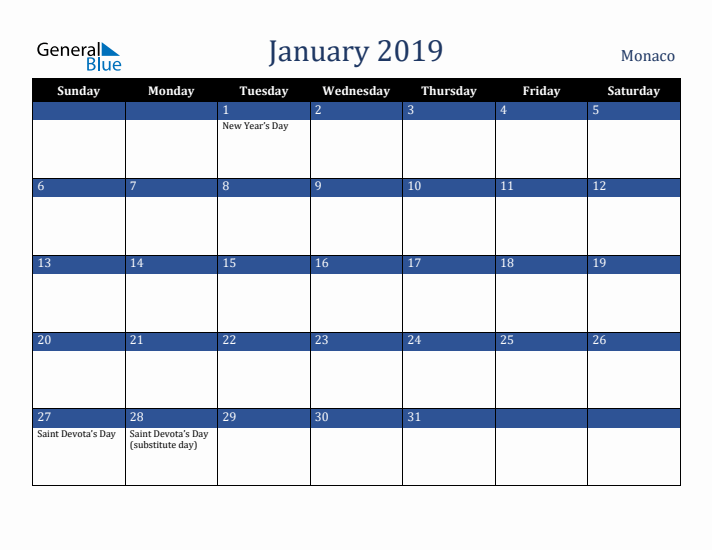January 2019 Monaco Calendar (Sunday Start)