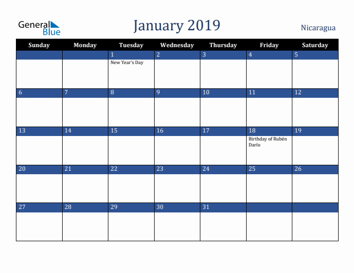 January 2019 Nicaragua Calendar (Sunday Start)