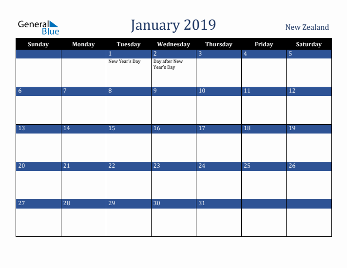 January 2019 New Zealand Calendar (Sunday Start)