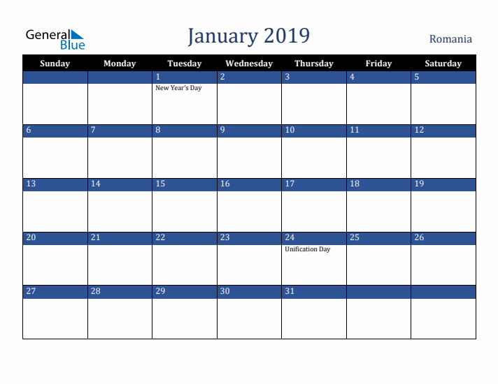 January 2019 Romania Calendar (Sunday Start)