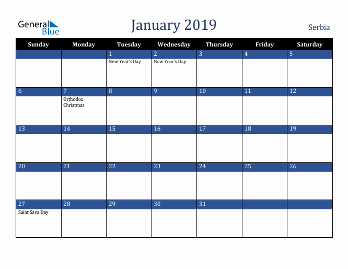 January 2019 Serbia Calendar (Sunday Start)