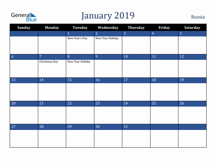 January 2019 Russia Calendar (Sunday Start)