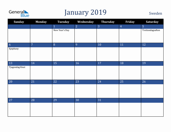 January 2019 Sweden Calendar (Sunday Start)
